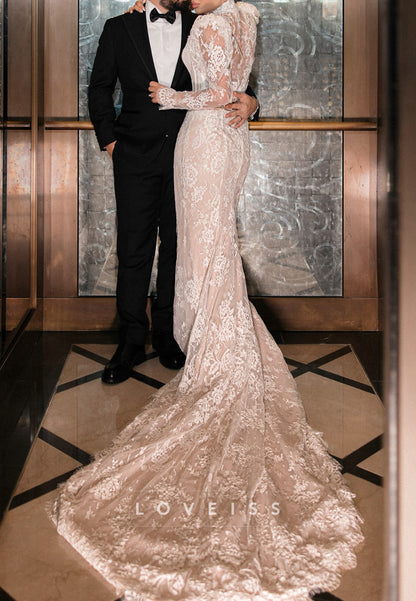 High-Neck Lace Mermaid Wedding Dress with Corset Bodice