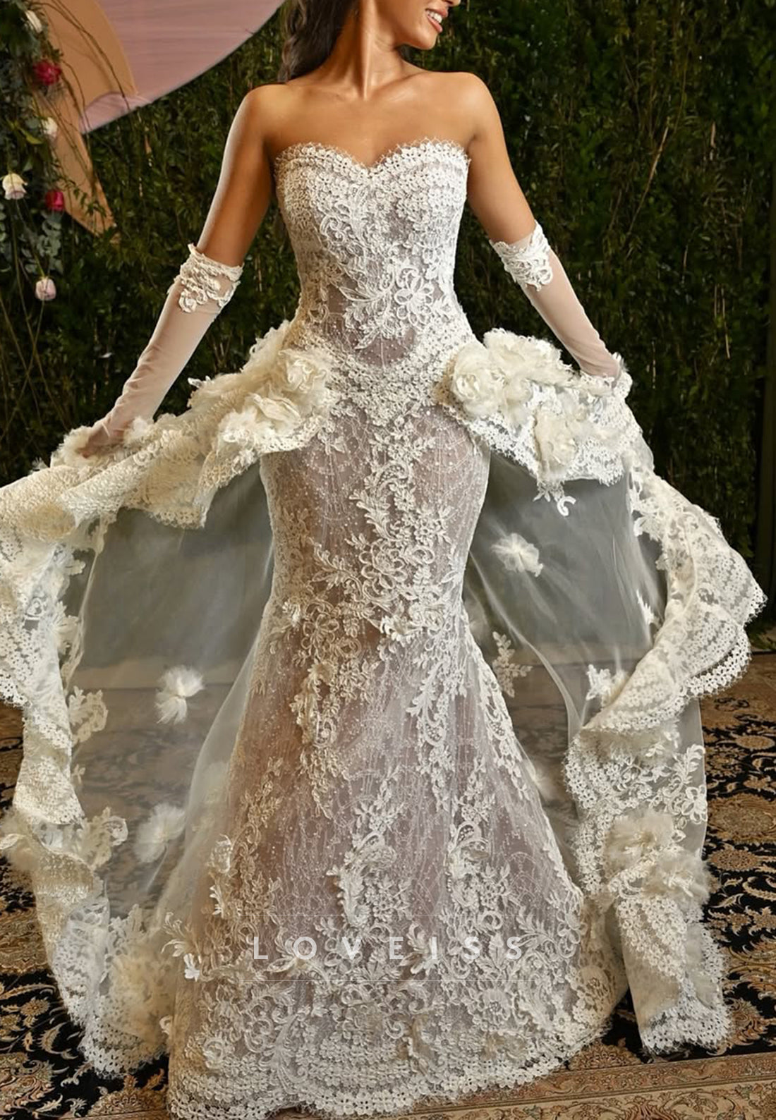 Lace Strapless Mermaid Wedding Dress with Train