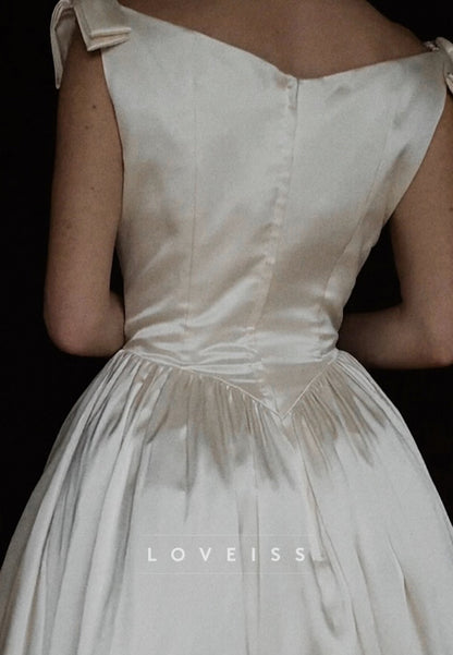 Tea-Length Satin Bow Shoulder Wedding Dress