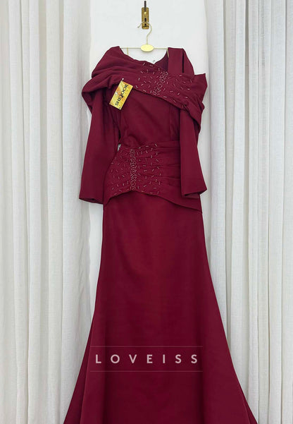 Draped Shawl Neck Beaded Mermaid Evening Gown