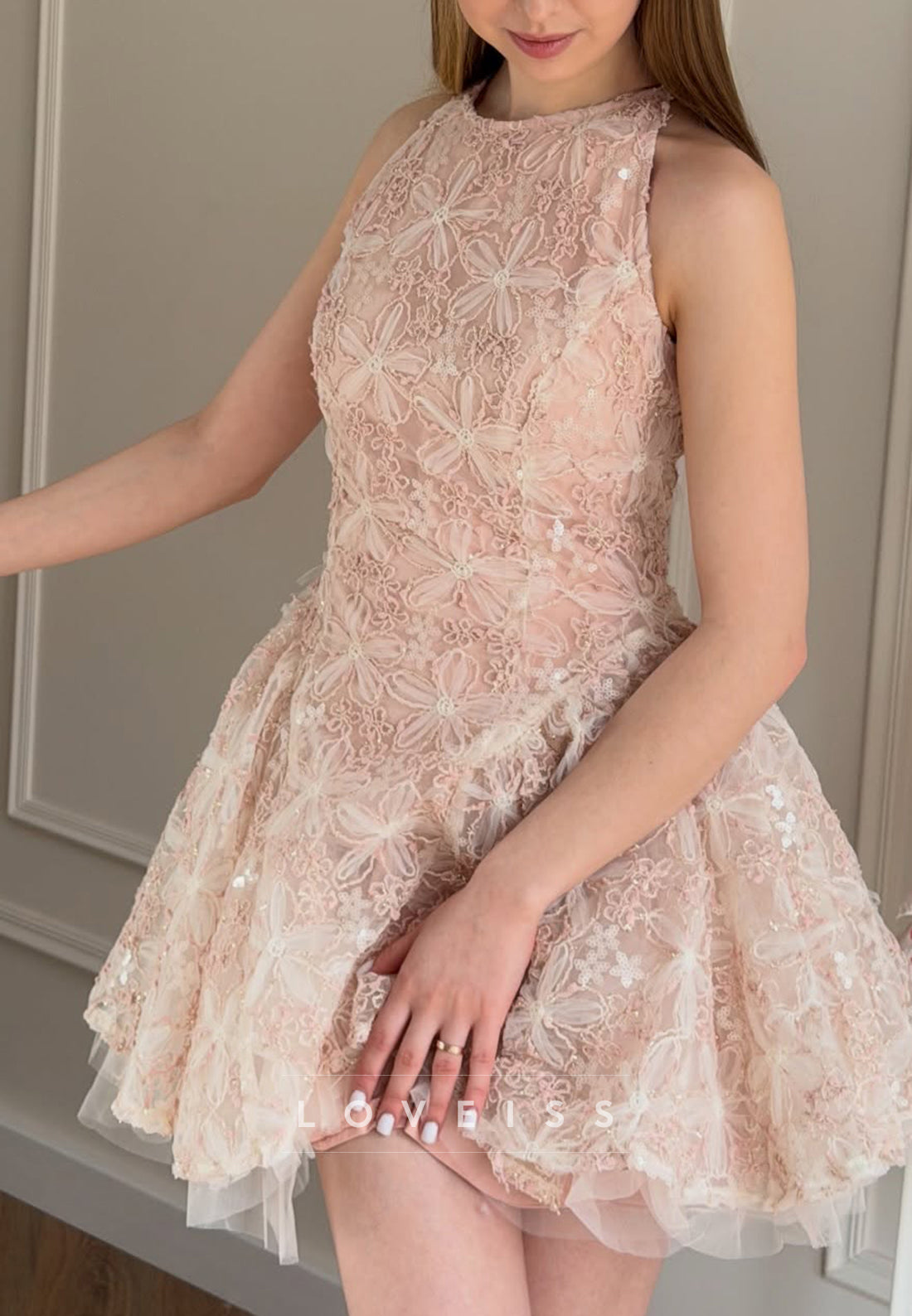 High Neck Lace A-Line Mini Dress