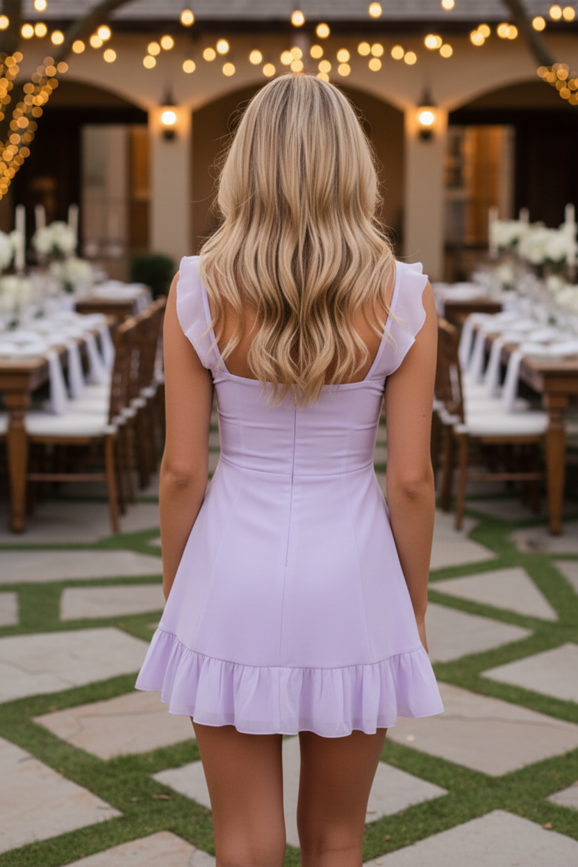 Ruffle Strap Sweetheart Lace-Up Mini Dress