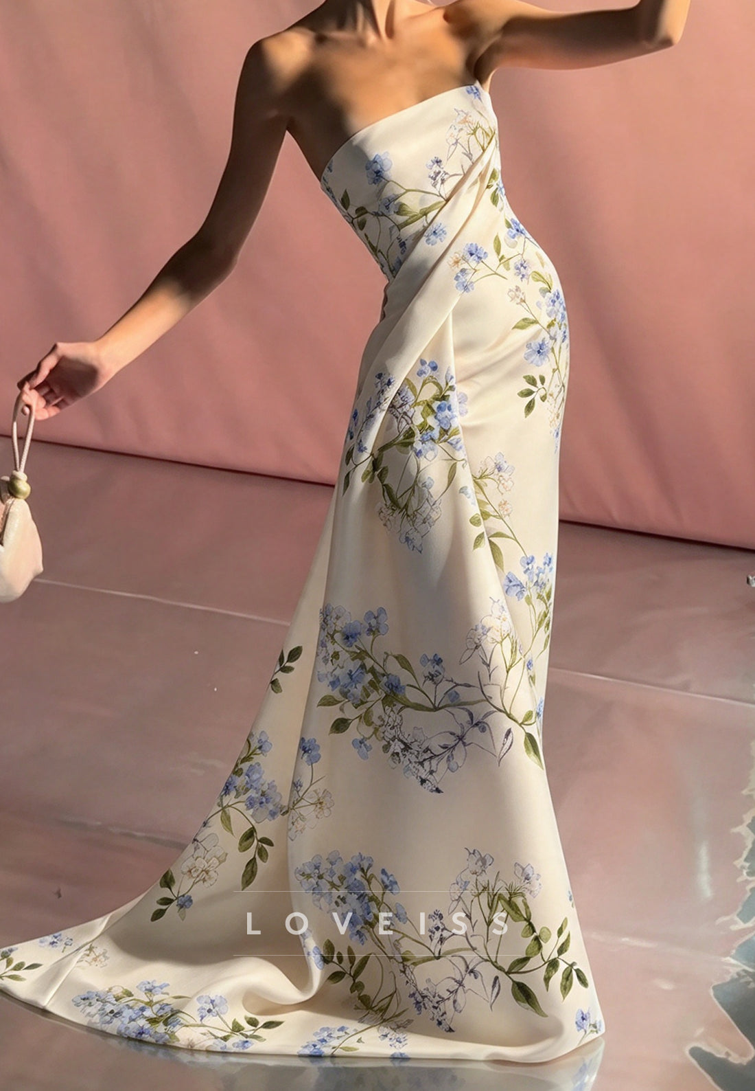 Strapless Floral Print Draped Evening Gown