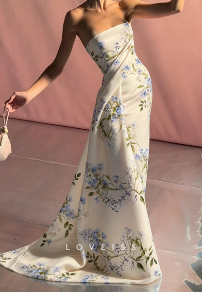 Strapless Floral Print Draped Evening Gown
