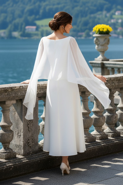 Elegant A-Line Midi Dress with Sheer Cape Sleeves