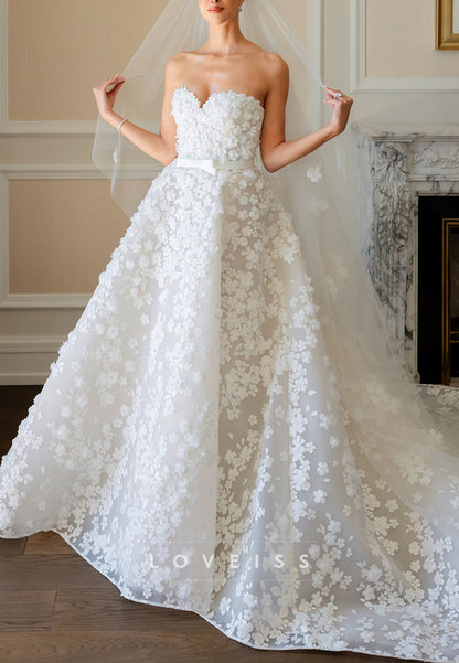 Strapless 3D Floral Applique Ball Gown Wedding Dress