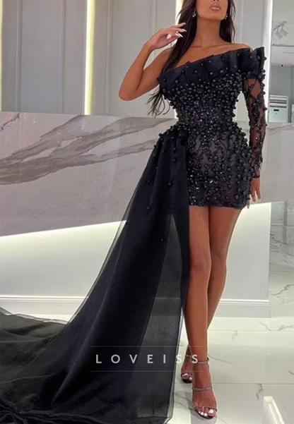 One-Shoulder Beaded Mini Dress with Dramatic Train