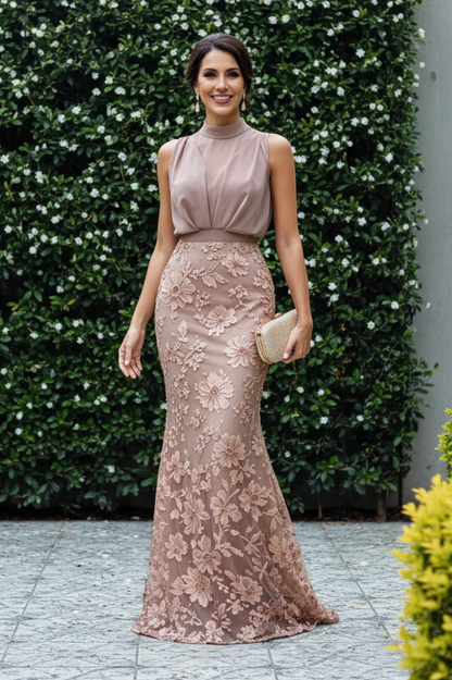 Floral Applique Mock Neck Mermaid Formal Dress