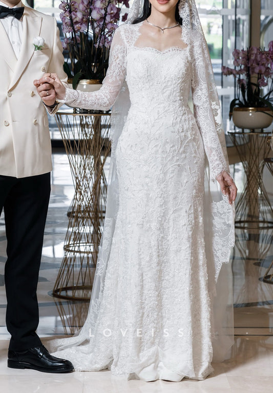 Long Sleeve Mermaid Lace Wedding Dress with Veil