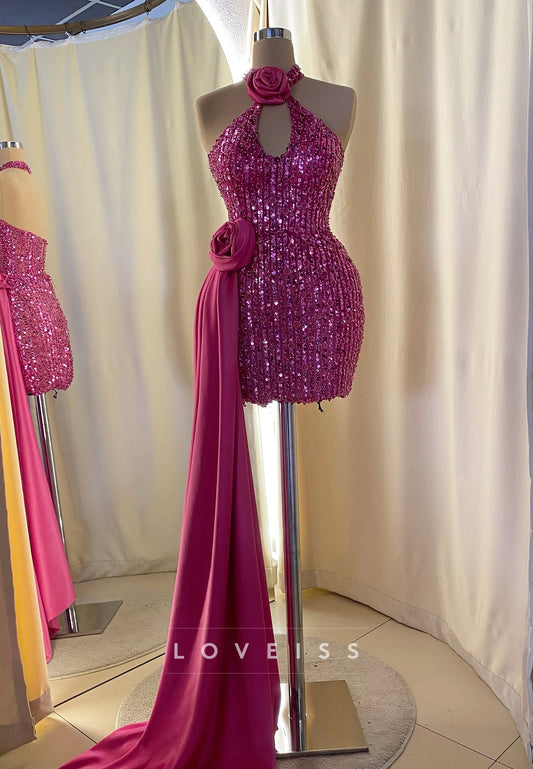 Sequin Halter Mini Dress with Rose Accent & Train