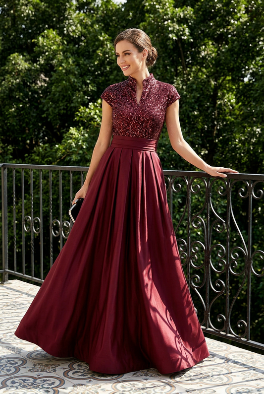 Sequin Mandarin Collar A-Line Evening Gown