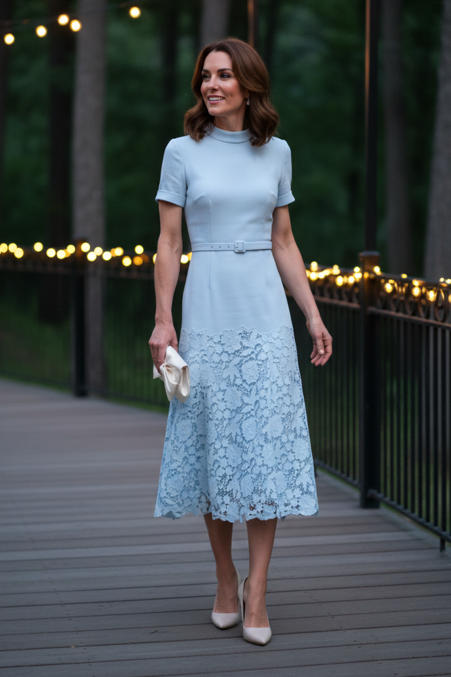 High-Neck Midi Dress with Lace Skirt and Belt