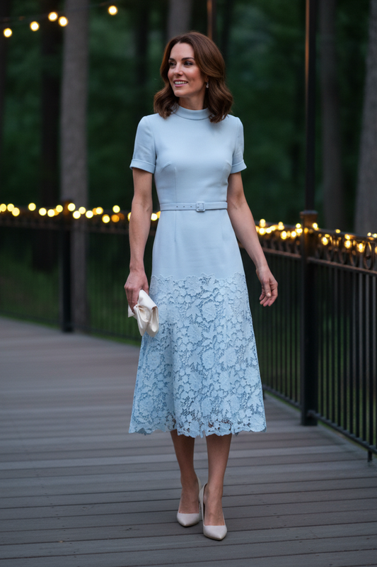 High-Neck Midi Dress with Lace Skirt and Belt