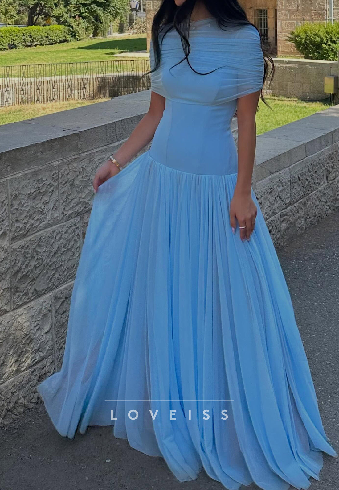 Pleated Tulle Off-the-Shoulder Evening Gown