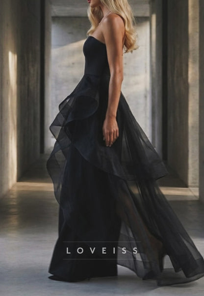 Strapless Tiered Tulle Overlay Evening Gown
