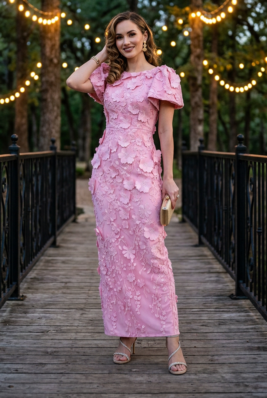 3D Floral Applique Column Dress with Flutter Sleeves