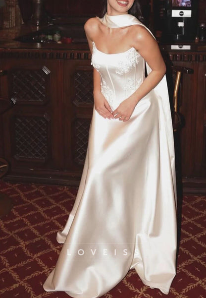 A-Line Satin Wedding Dress with Cape and Corset Bodice
