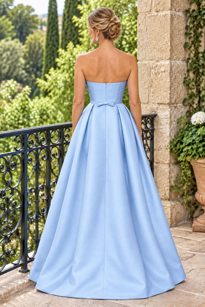 Strapless Pleated Satin A-Line Gown with Bow