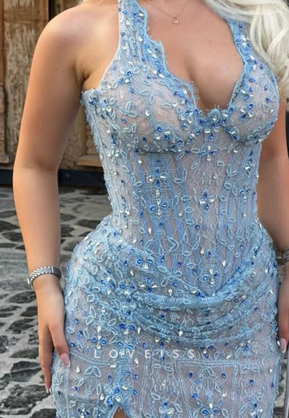 Beaded Lace Halter Evening Gown with High Slit