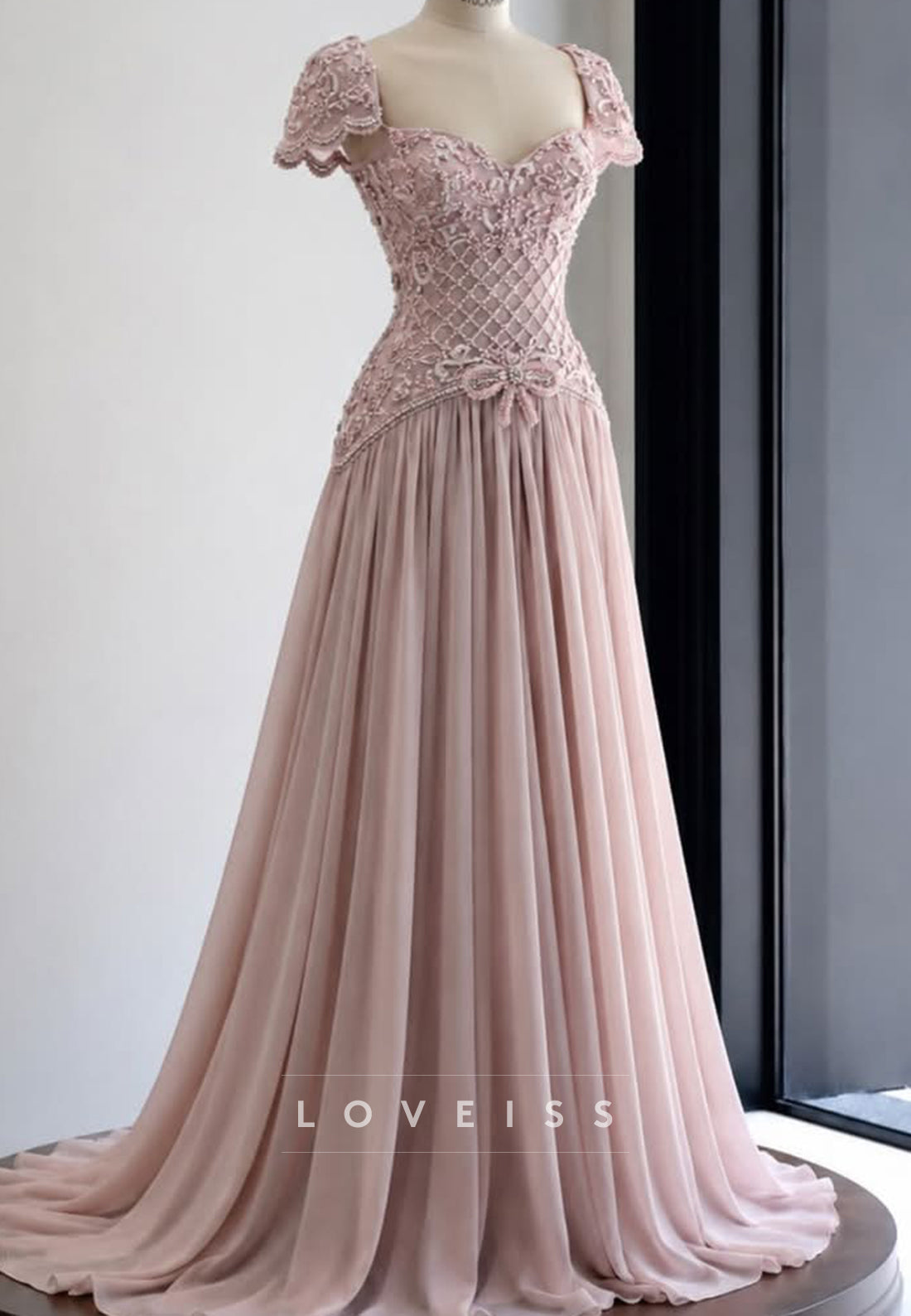 Beaded Lattice Bodice A-Line Evening Gown with Bow