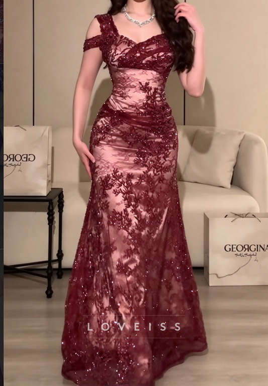 Embroidered Lace Beaded Floor-Length Evening Gown