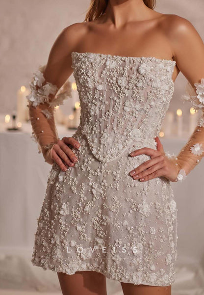 Strapless Beaded Corset Mini Dress with Floral Sleeves