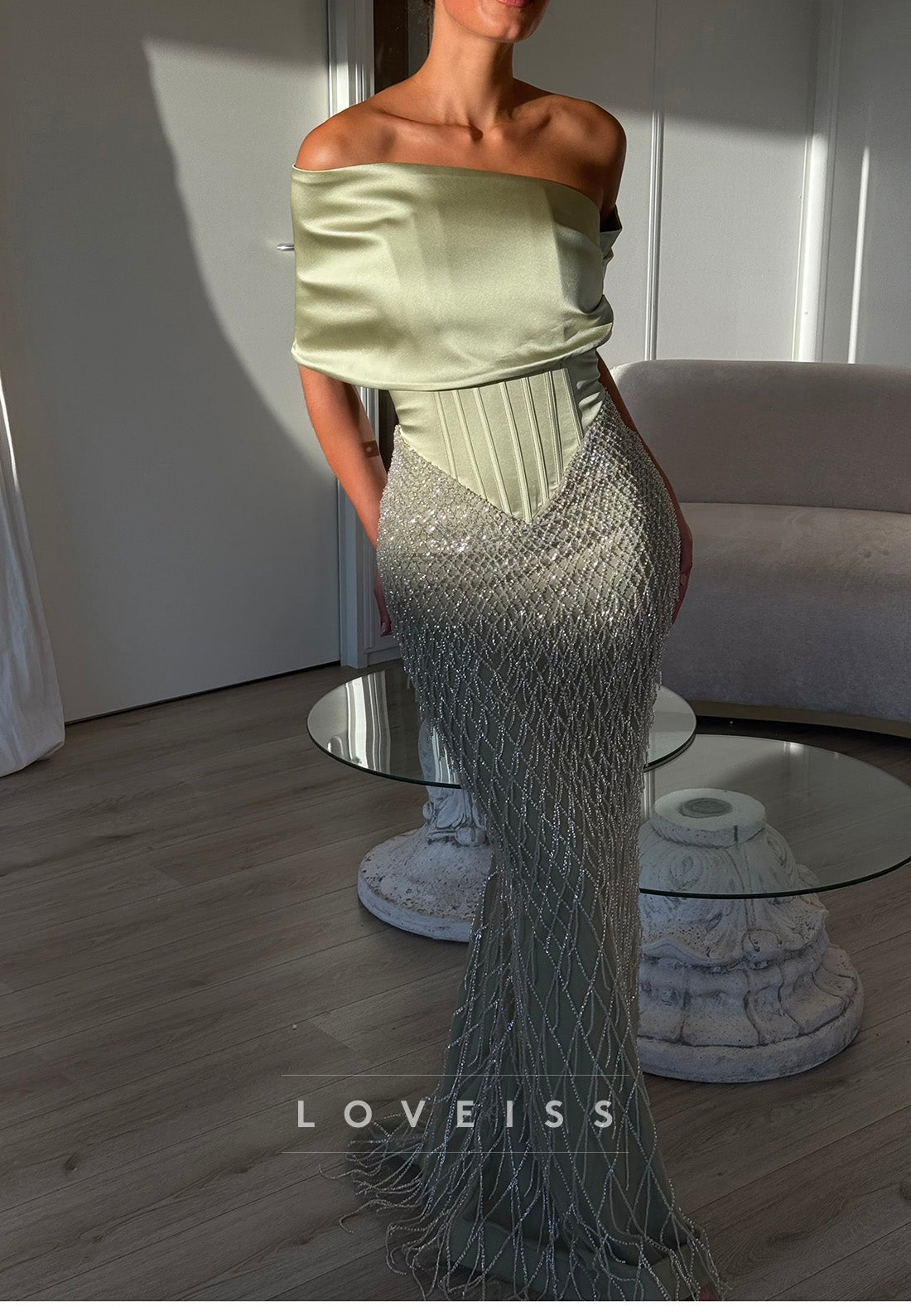 Off-Shoulder Corset Gown with Beaded Fringe Skirt