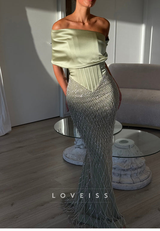 Off-Shoulder Corset Gown with Beaded Fringe Skirt