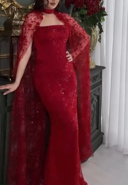 Sequin Cape Column Evening Gown