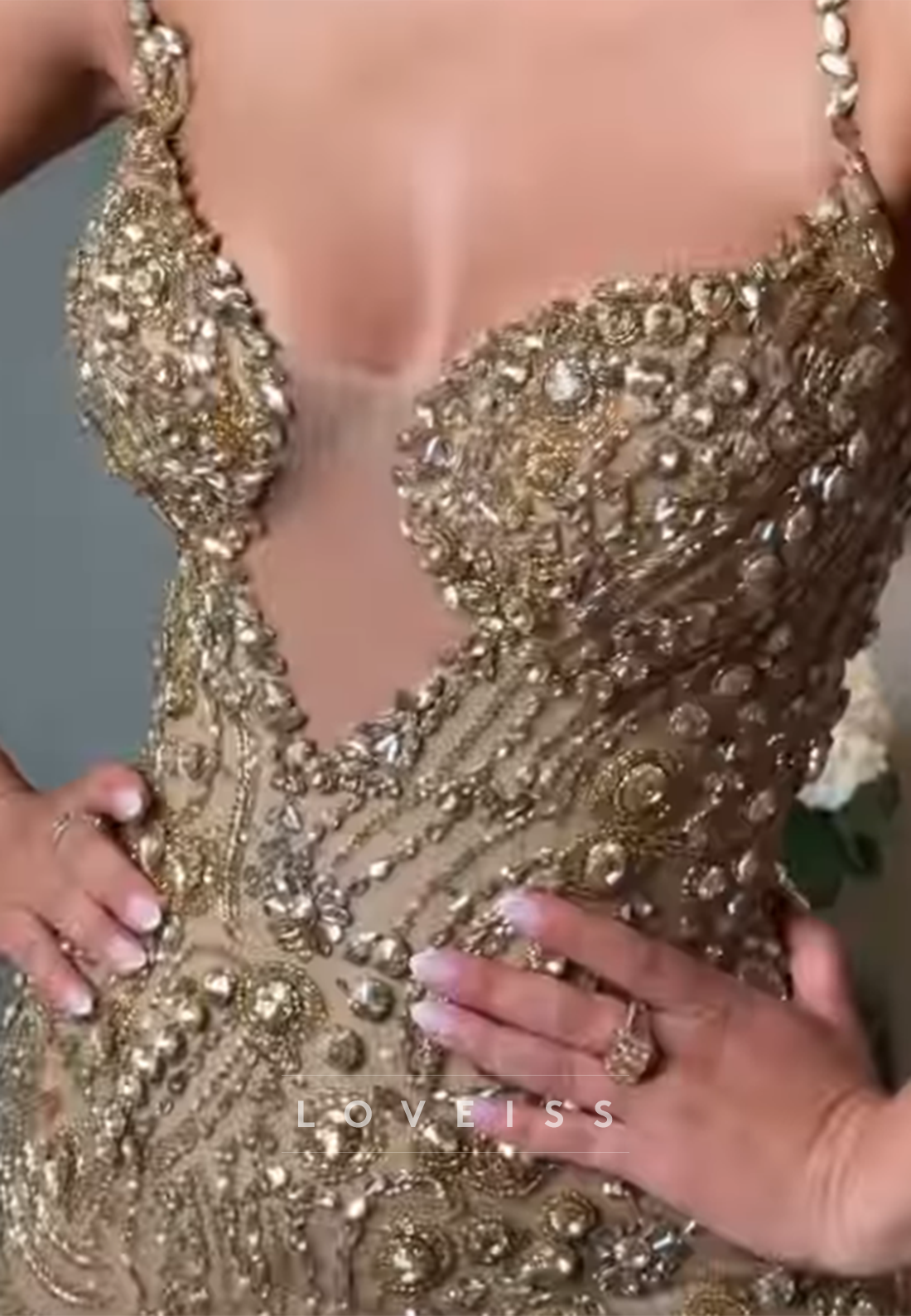 Beaded Plunging Neckline Maxi Evening Dress