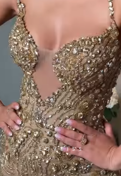 Beaded Plunging Neckline Maxi Evening Dress