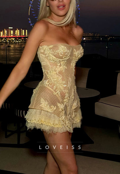 Strapless Lace Corset Mini Dress with Ruffle Hem
