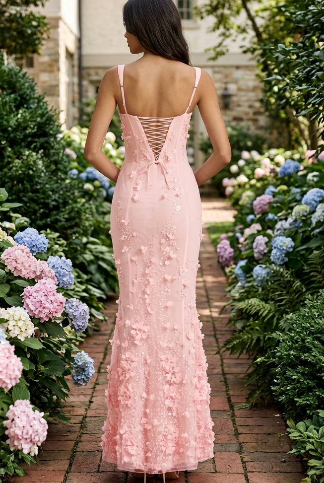 3D Floral Applique Corset Gown with Lace-Up Back