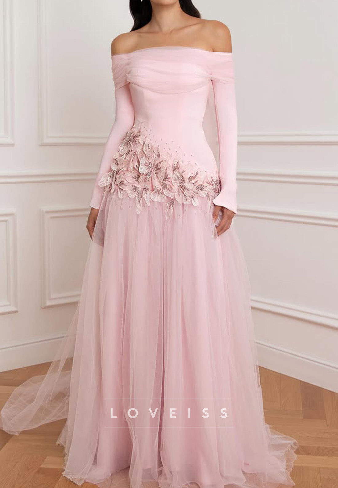 Off-the-Shoulder Tulle Gown with Appliqué Waist