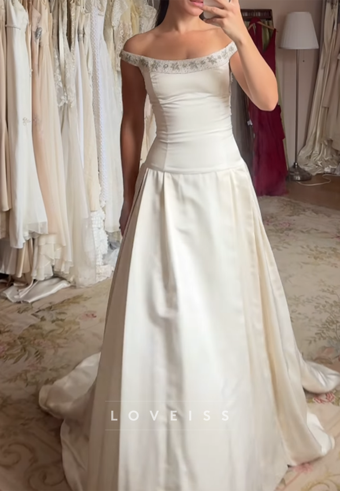 Off-Shoulder Beaded Satin Ball Gown