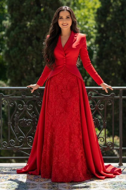 Tailored Jacket Gown with Lace Skirt and Train
