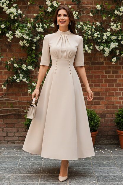 Vintage Inspired High Neck A-Line Midi Dress