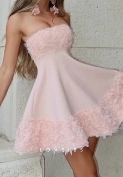 Strapless 3D Floral Trim Fit and Flare Mini Dress