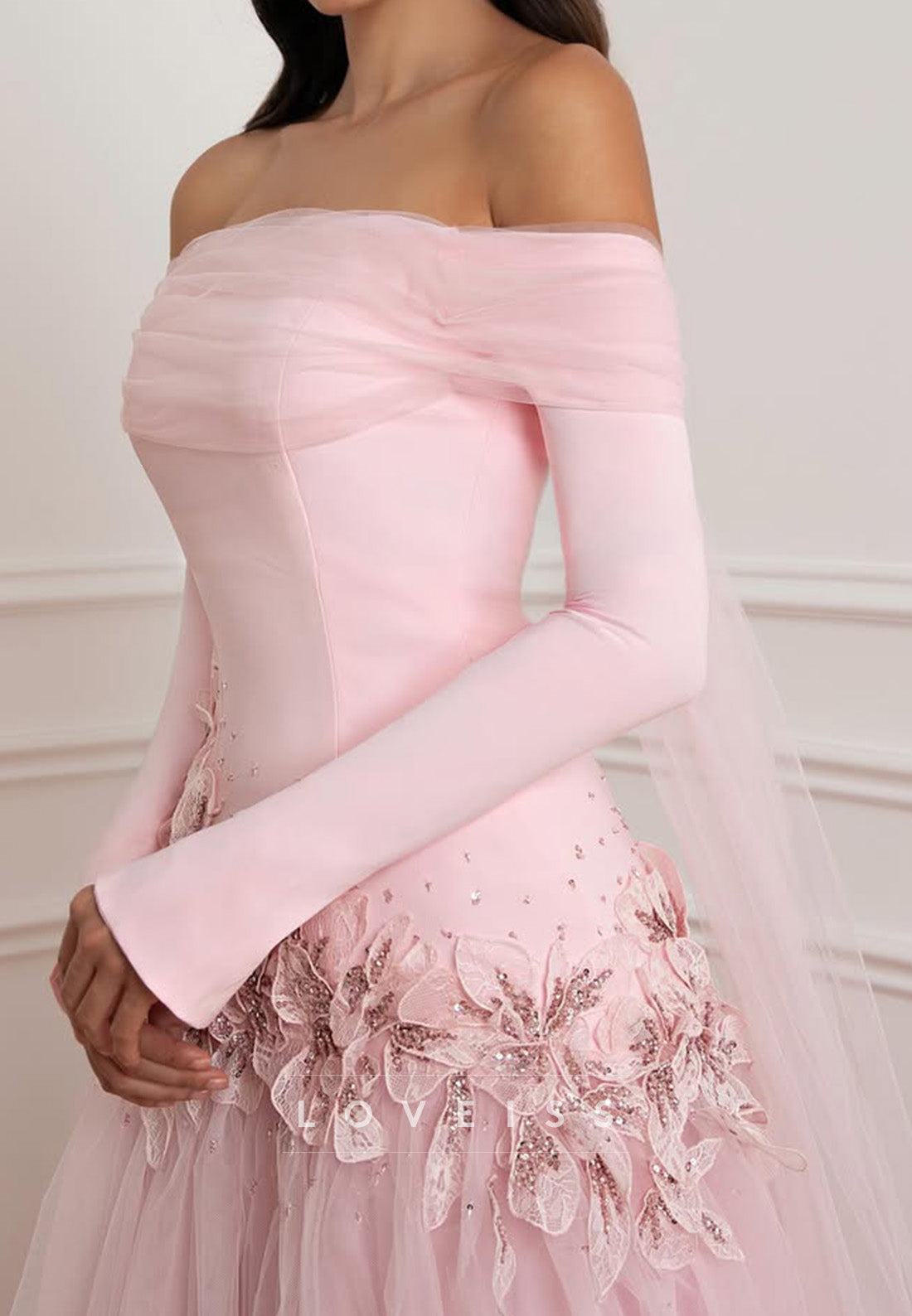 Off-the-Shoulder Tulle Gown with Appliqué Waist