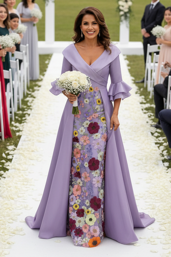 Floral Applique Evening Gown with Overskirt