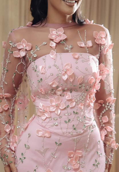 3D Floral Applique Illusion Long Sleeve Evening Gown