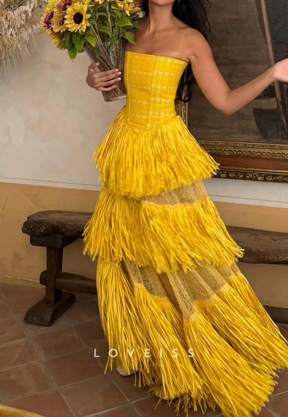 Strapless Tiered Fringe Gown with Woven Bodice