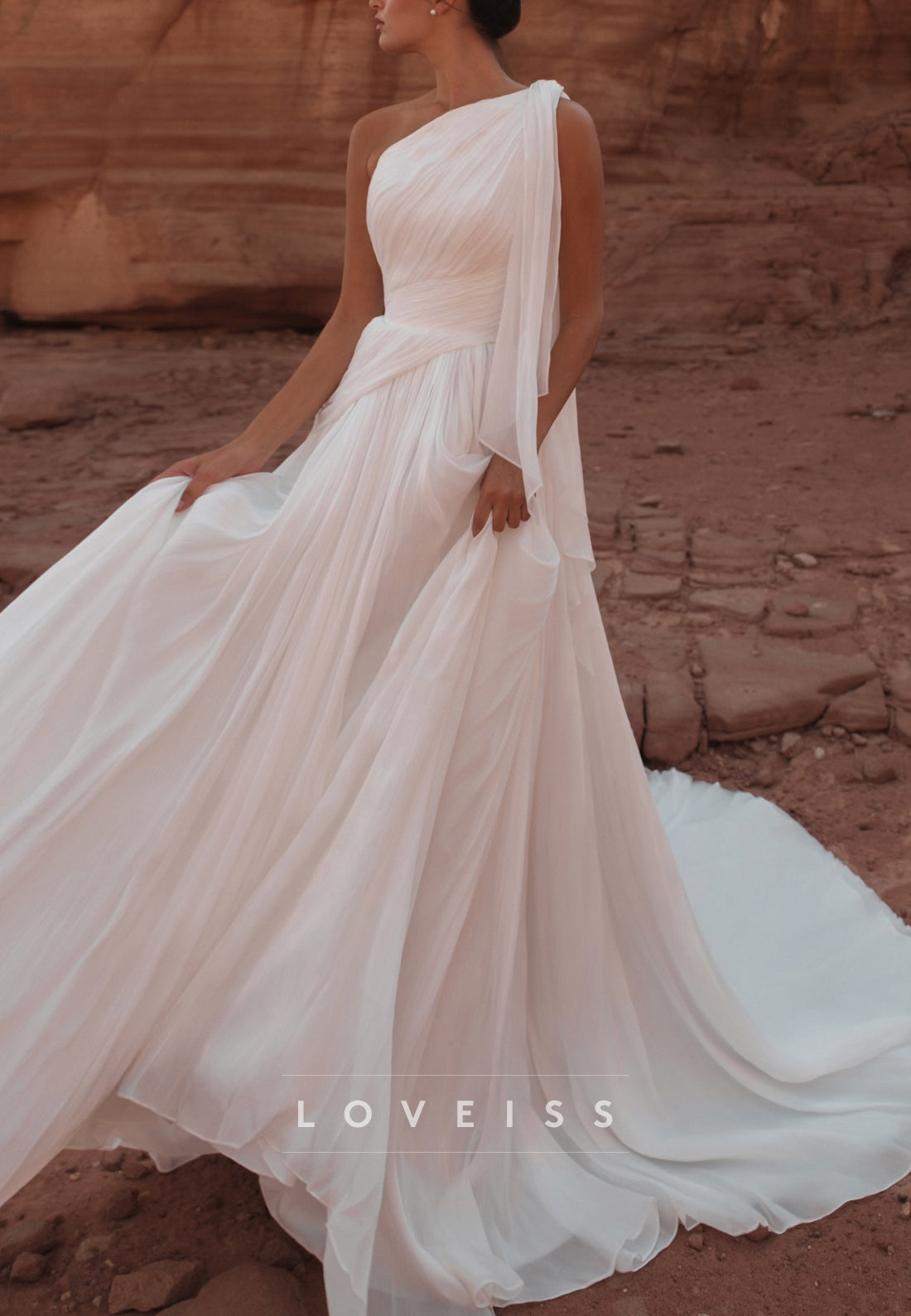 One-Shoulder Pleated Chiffon A-Line Wedding Dress