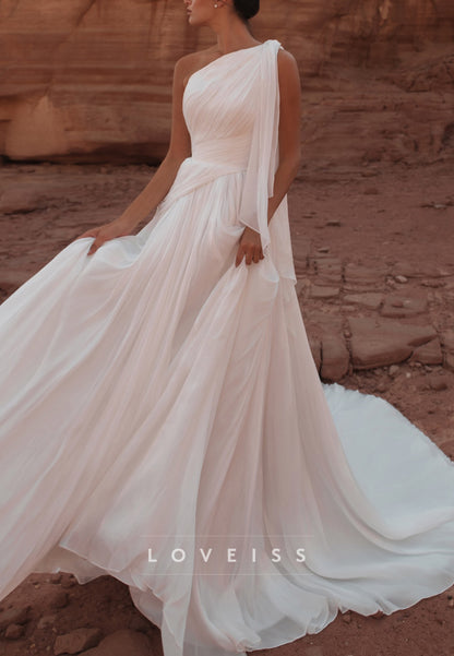 One-Shoulder Pleated Chiffon A-Line Wedding Dress