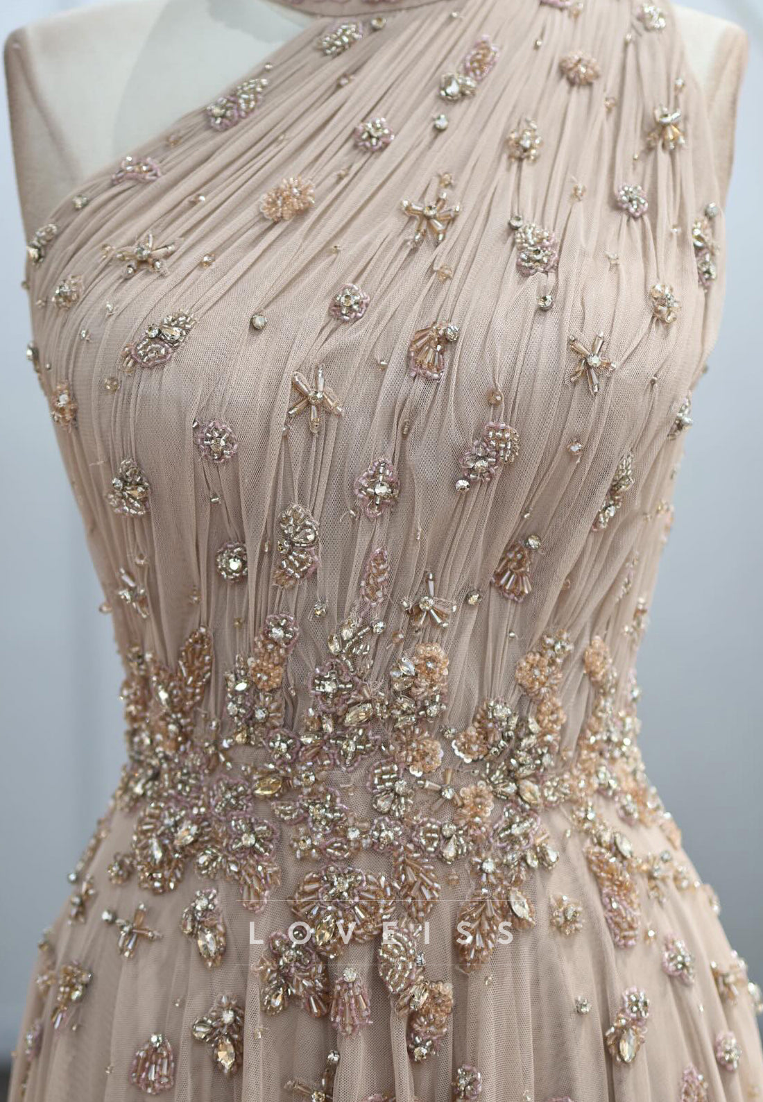 Beaded High Neck Pleated Tulle A-Line Evening Gown