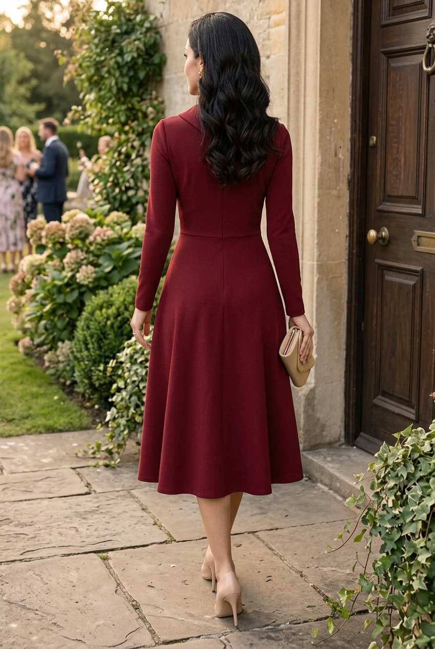 Pleated Bodice Long Sleeve Midi A-Line Dress