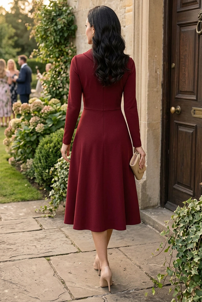 Pleated Bodice Long Sleeve Midi A-Line Dress
