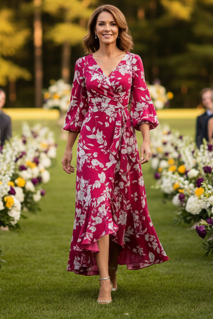 Floral V-Neck Wrap High-Low Maxi Dress