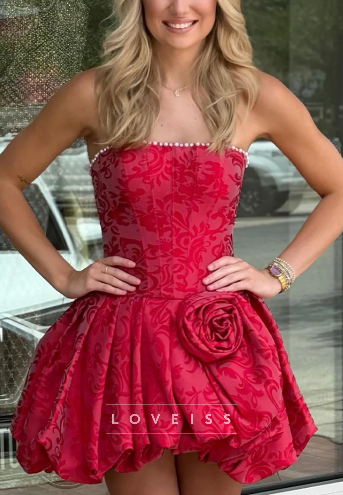 Strapless Floral Jacquard Corset Dress with Rosette Detail