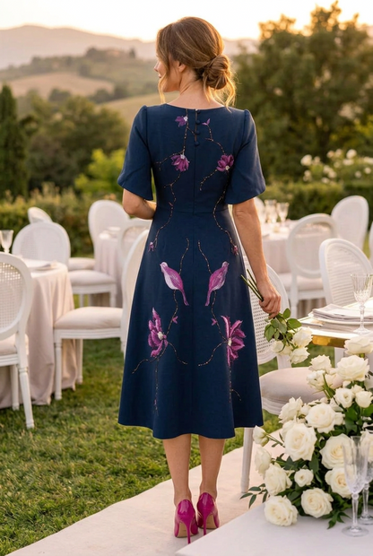 Embroidered Floral A-Line Midi Dress